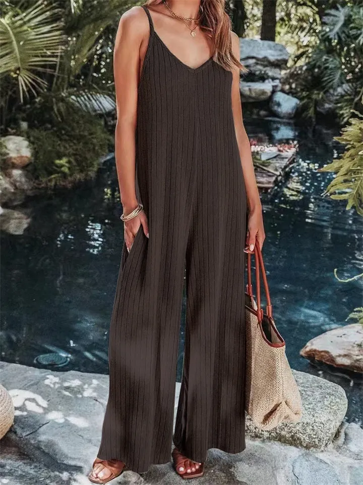Vacation V Neck Backless Elegant Straight Leg Jumpsuit for Lady