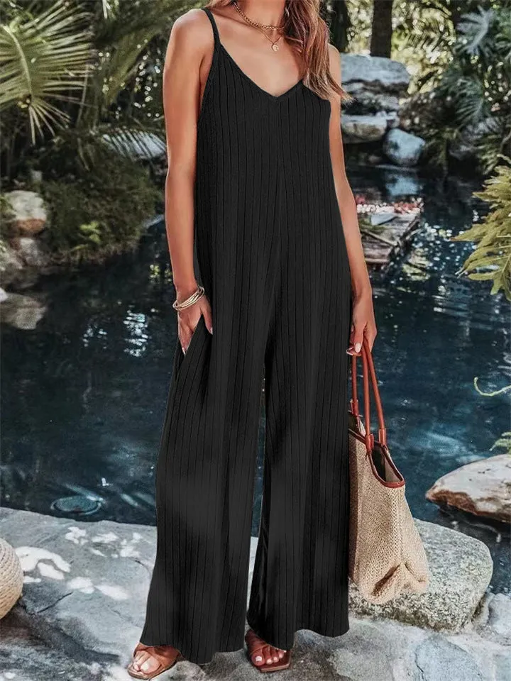 Vacation V Neck Backless Elegant Straight Leg Jumpsuit for Lady