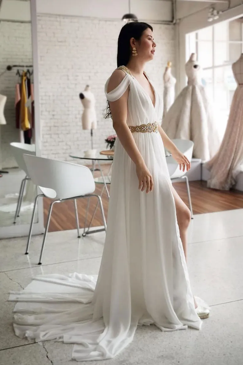 White off shoulder chiffon long prom dress, white evening dress