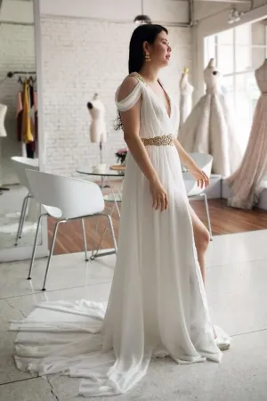 White off shoulder chiffon long prom dress, white evening dress