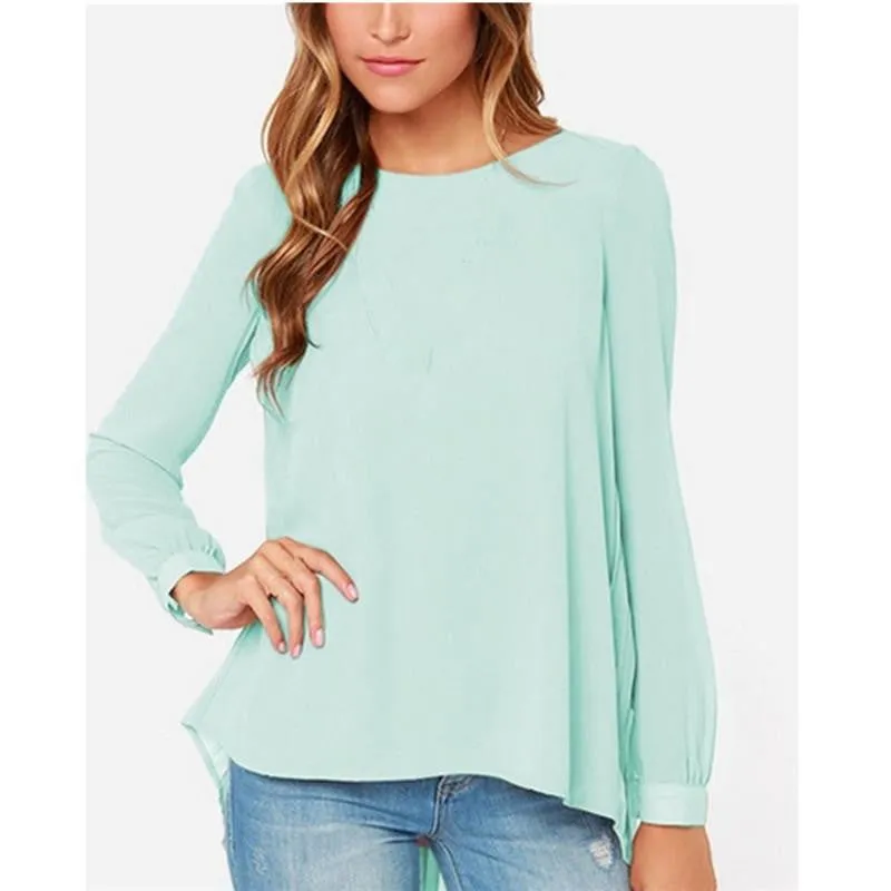 Women Blouses Ladies Shirts Casual Loose Chiffon Tops Long Sleeve O-Neck Solid Plus Size S-6XL