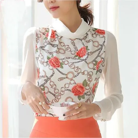 Women blouses plus size turn-down collar print white chiffon blouse long sleeve shirts for women
