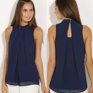 Women Chiffon Blouse Fashion Ladies Casual Back Hollow Sleeveless Shirt Blouses Tops