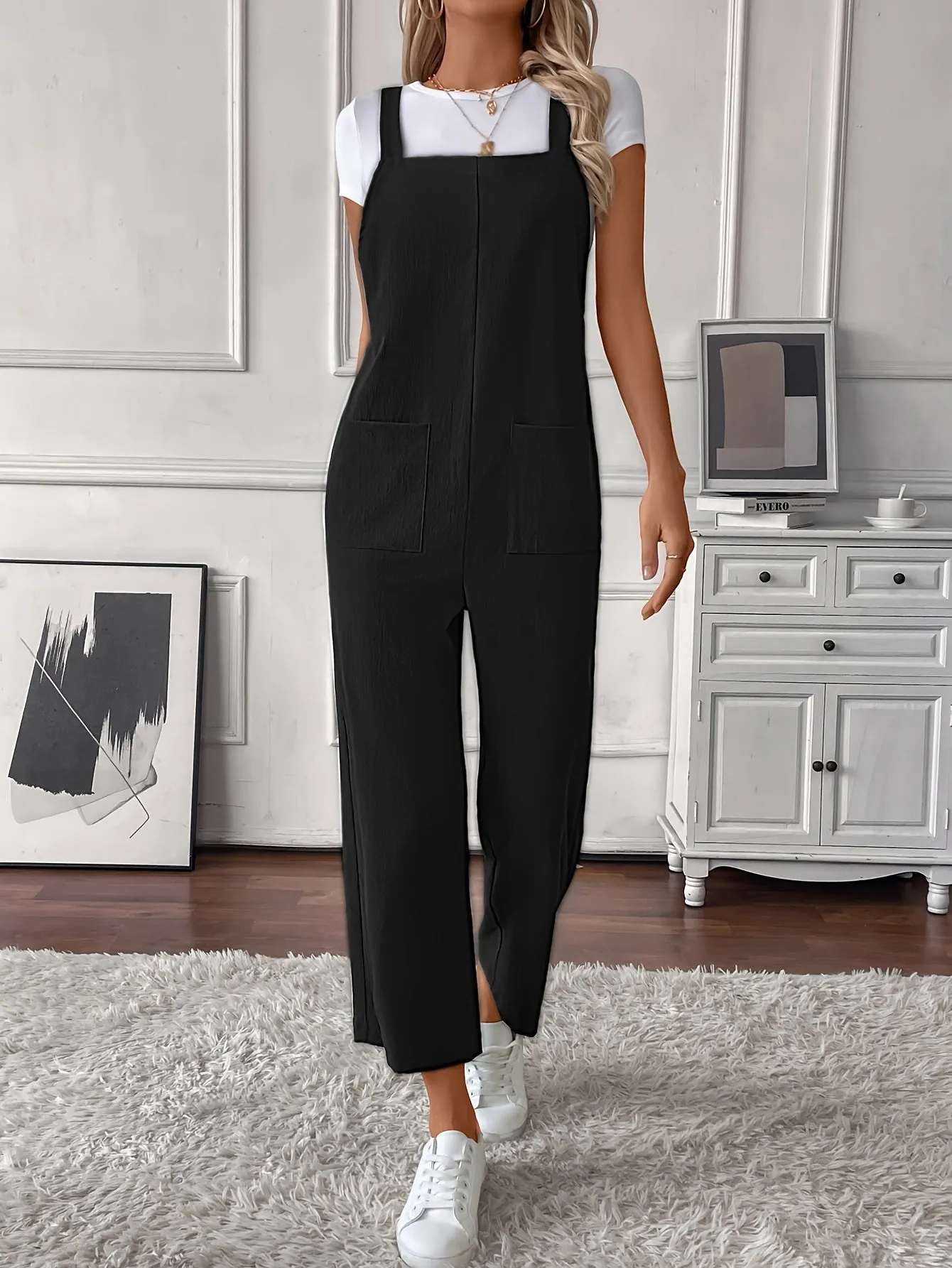 Women Overalls, Casual Pockets Wide Leg Jumpsuits
