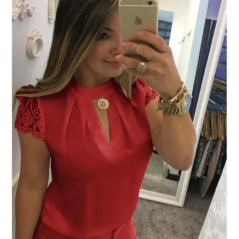 Women Sexy Blouses Summer Casual Hollow Chiffon Short Sleeve Splice Lace Tops Blouse Shirts Blusas Mujer De Moda Plus Size 5XL