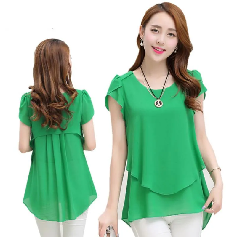 Womens double irregular solid shirts Women Chiffon blouses Fashion casual ladies Tops Plus Size