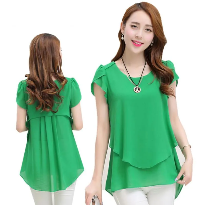 Womens double irregular solid shirts Women Chiffon blouses Fashion casual ladies Tops Plus Size