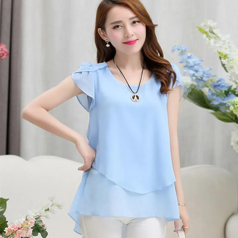 Womens double irregular solid shirts Women Chiffon blouses Fashion casual ladies Tops Plus Size