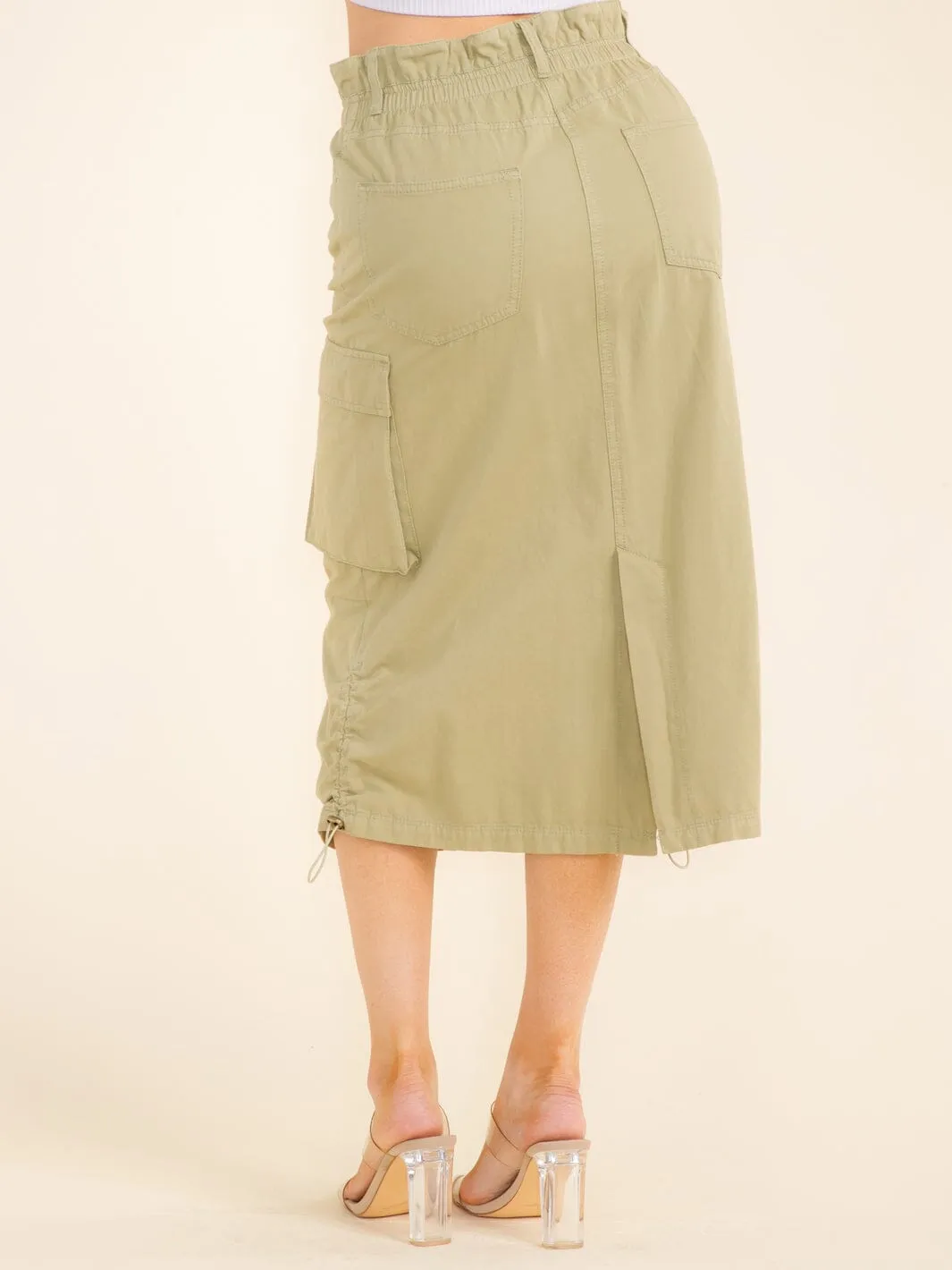 WOMEN'S ELASTIC WAIST CARGO POCKETS MIDI SKIRT