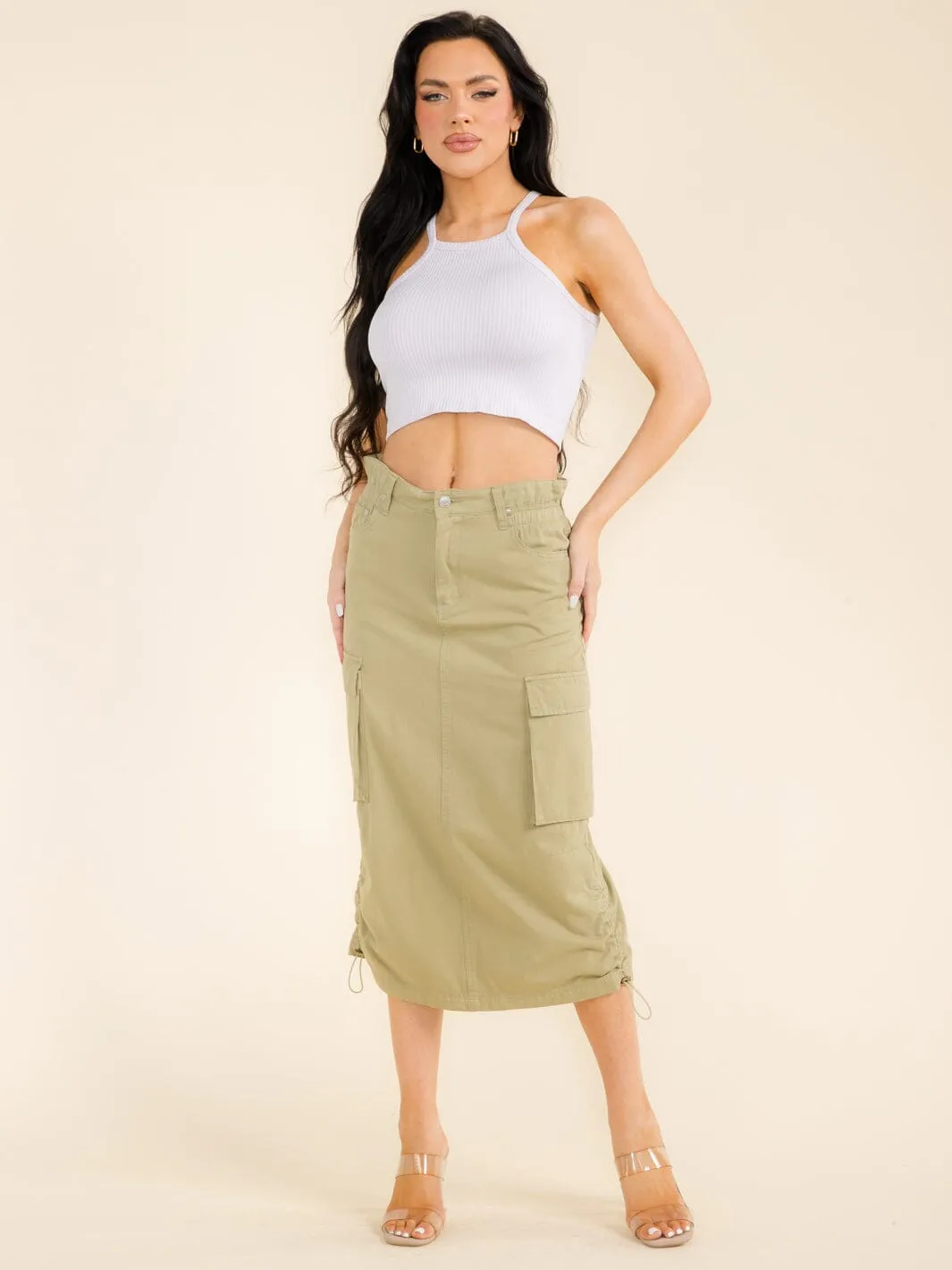 WOMEN'S ELASTIC WAIST CARGO POCKETS MIDI SKIRT