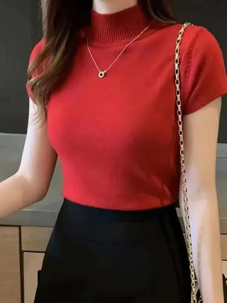 Women's Half-High Neck T-Shirt - Korean Style Solid Color Spring/Summer Top
