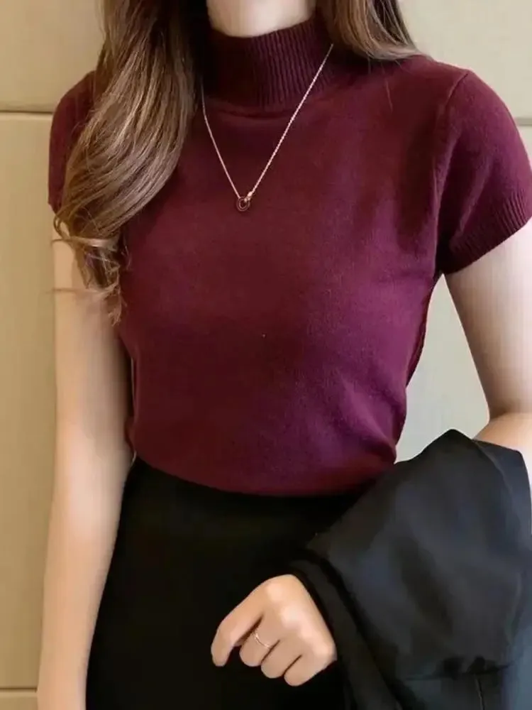Women's Half-High Neck T-Shirt - Korean Style Solid Color Spring/Summer Top