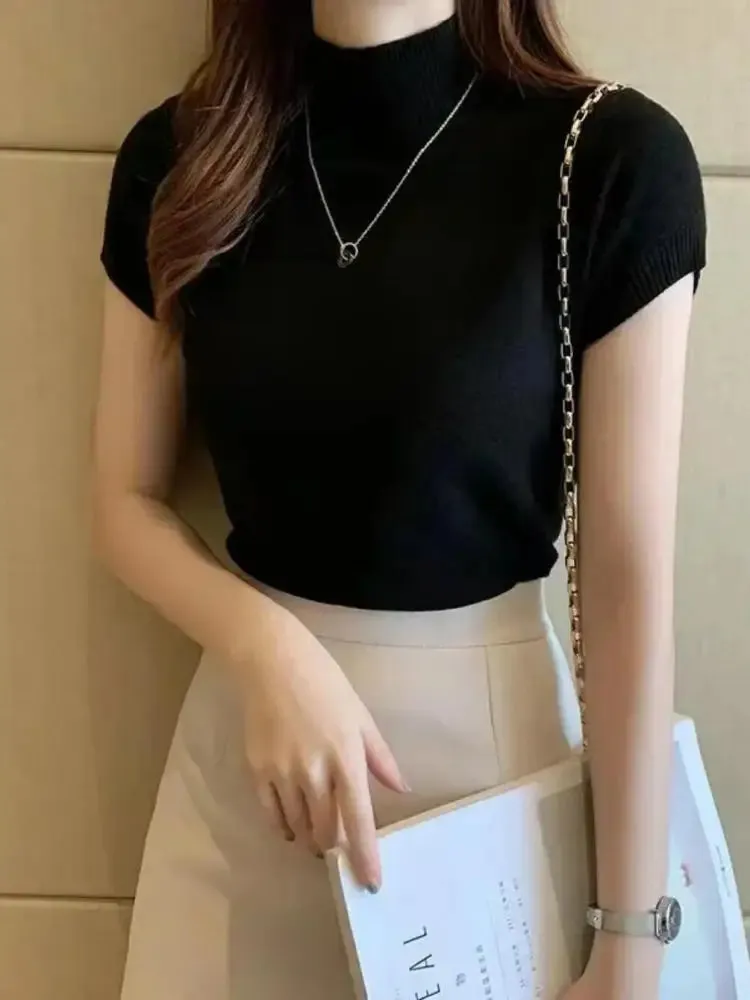 Women's Half-High Neck T-Shirt - Korean Style Solid Color Spring/Summer Top