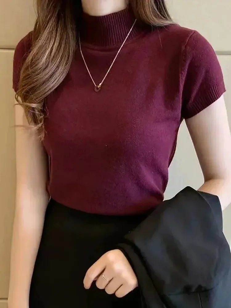 Women's Half-High Neck T-Shirt - Korean Style Solid Color Spring/Summer Top