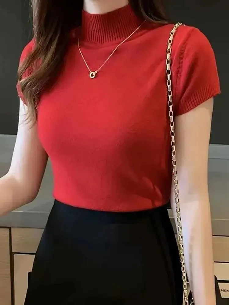 Women's Half-High Neck T-Shirt - Korean Style Solid Color Spring/Summer Top