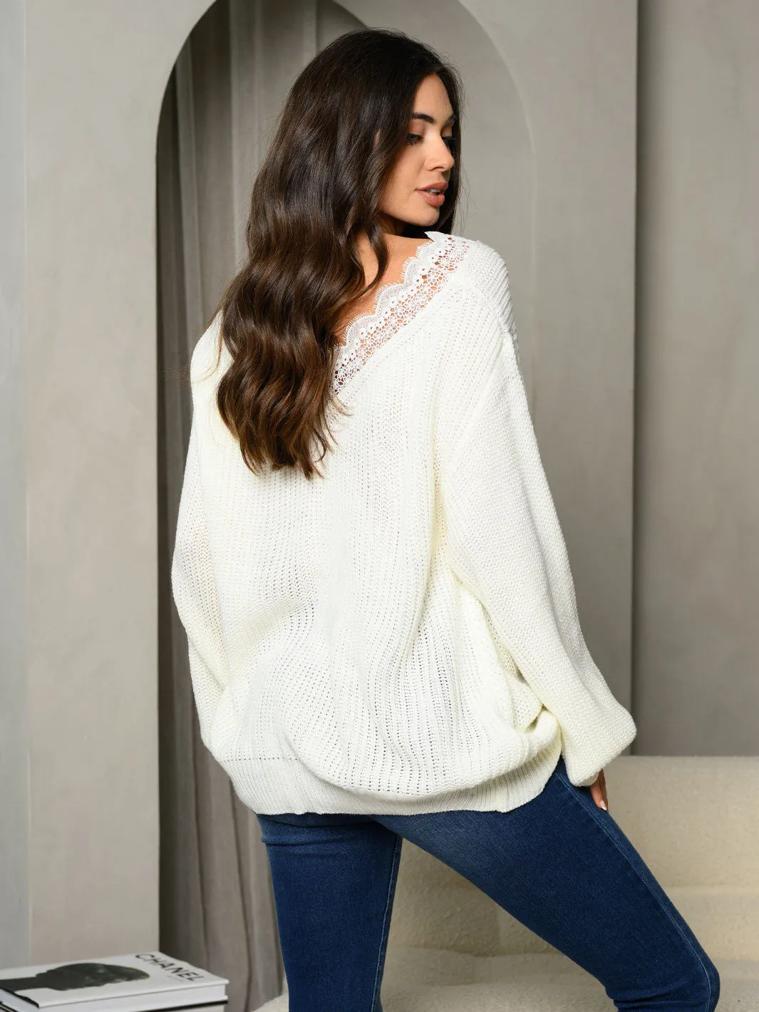WOMEN'S LONG SLEEVE LACE TRIM SWEATER TOP