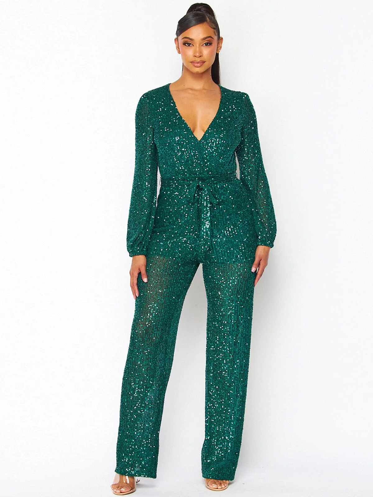 WOMEN'S LONG SLEEVE SELF TIE SURPLICE SEQUINS WIDE LEG JUMPSUIT