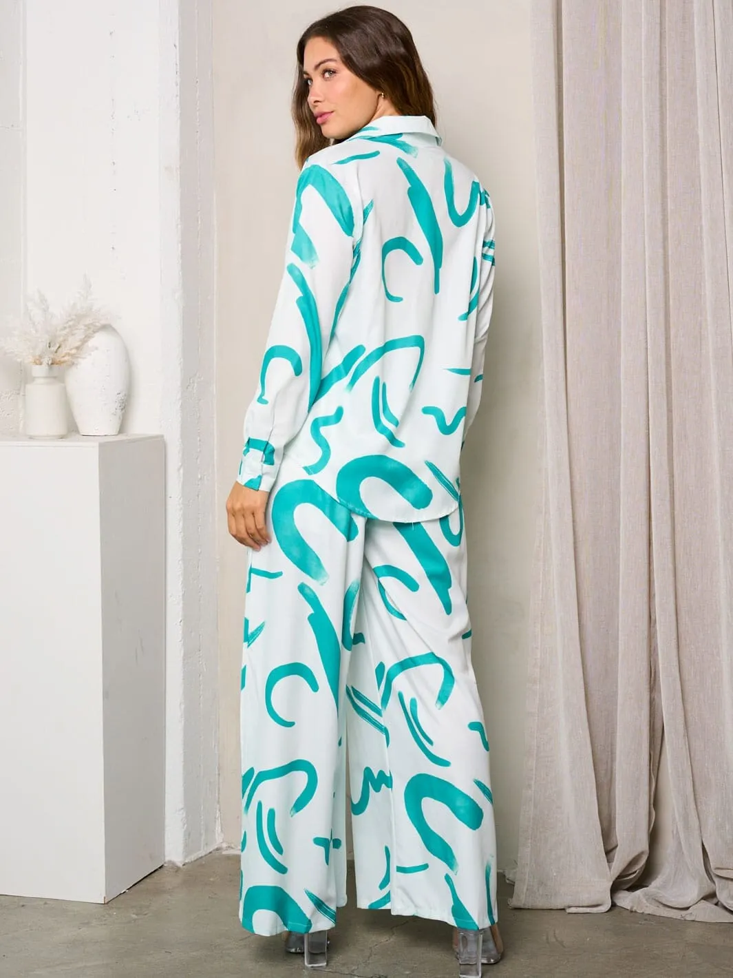 WOMEN'S LONG SLEEVE W/BRA & WIDE LEG PANTS PRINTED 3PC. SET