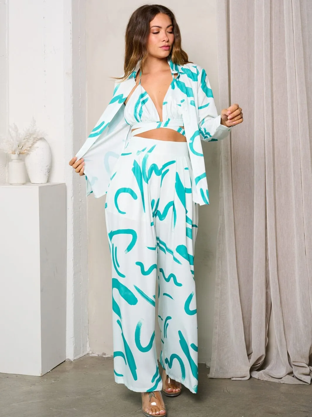 WOMEN'S LONG SLEEVE W/BRA & WIDE LEG PANTS PRINTED 3PC. SET