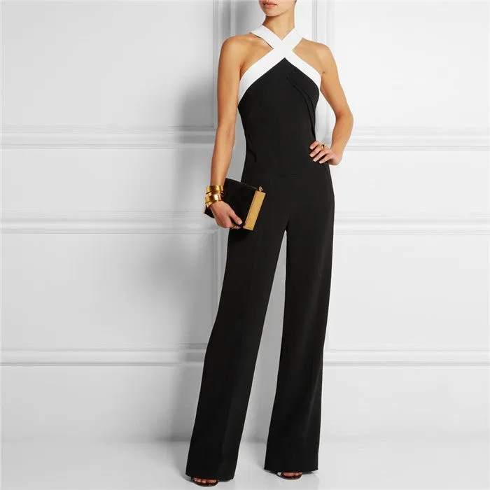 Womens Rompers Black Cross Neck Wide Leg Stitching Sling Halter Jumpsuit Ladies Elegant Playsuits Plus Size Overalls