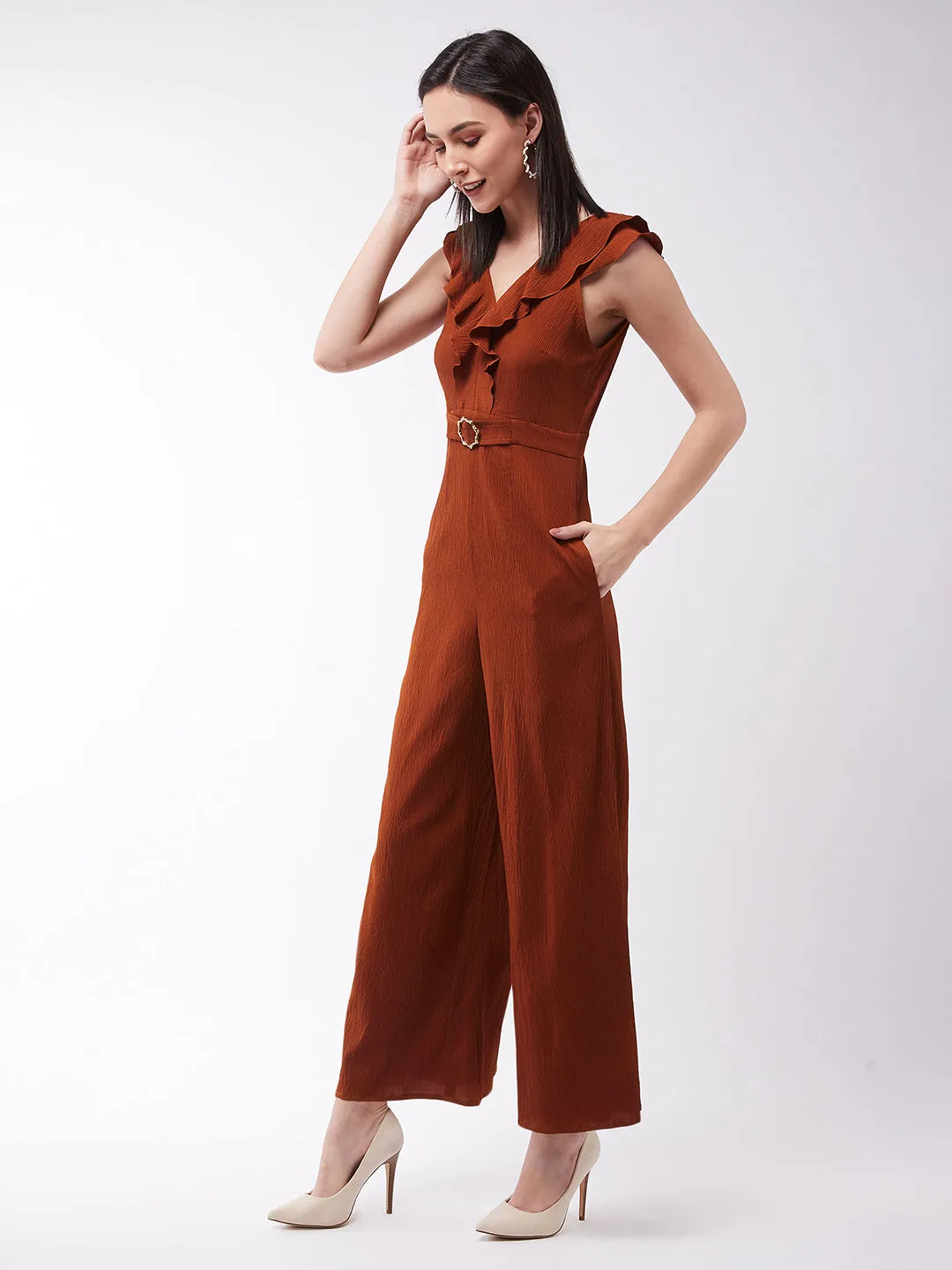 Women's Rust V-Neck Sleeveless Solid Wide-Leg/Ruffles Regular Jumpsuit