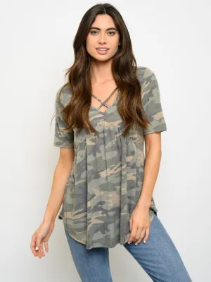 WOMEN'S SHORT RUFFLE SLEEVE CAMO PRINT TOP