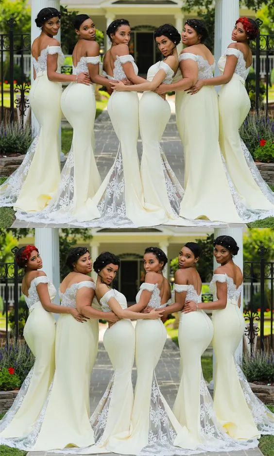 yellow bridesmaid dresses long off the shoulder mermaid lace appliqué beaded elegant wedding guest dress