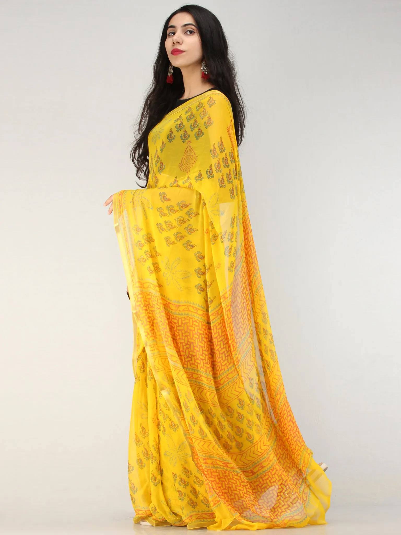 Yellow Green Hand Block Printed Chiffon Saree with Zari Border - S031704556