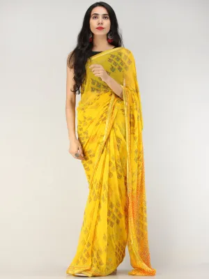 Yellow Green Hand Block Printed Chiffon Saree with Zari Border - S031704556