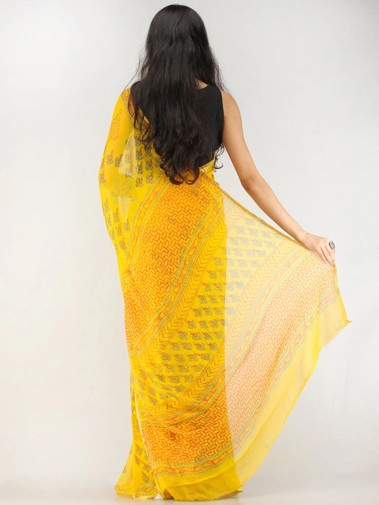 Yellow Green Hand Block Printed Chiffon Saree with Zari Border - S031704556