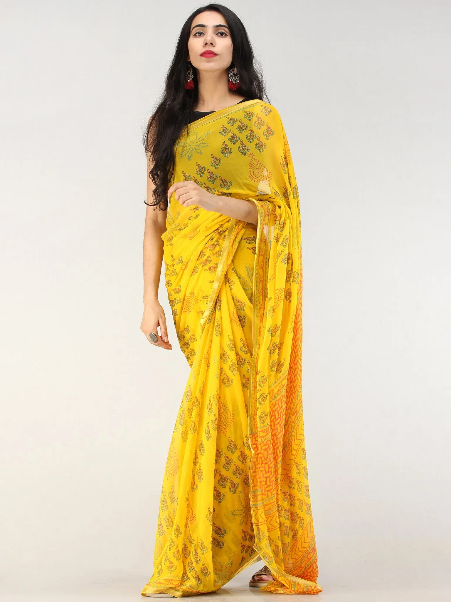 Yellow Green Hand Block Printed Chiffon Saree with Zari Border - S031704556